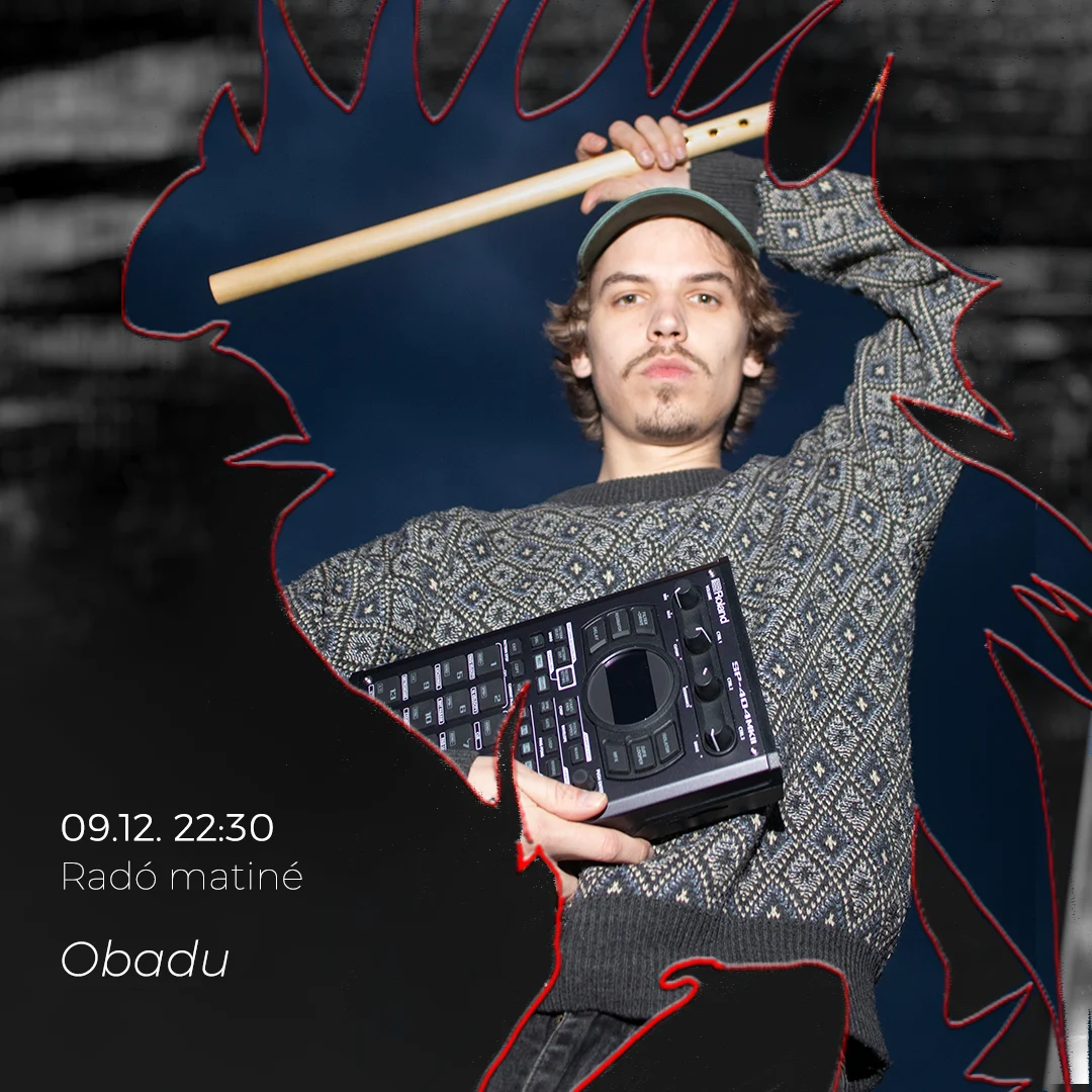 Obadu furulyával és elektronikus zenei eszközzel a koncert plakátján.